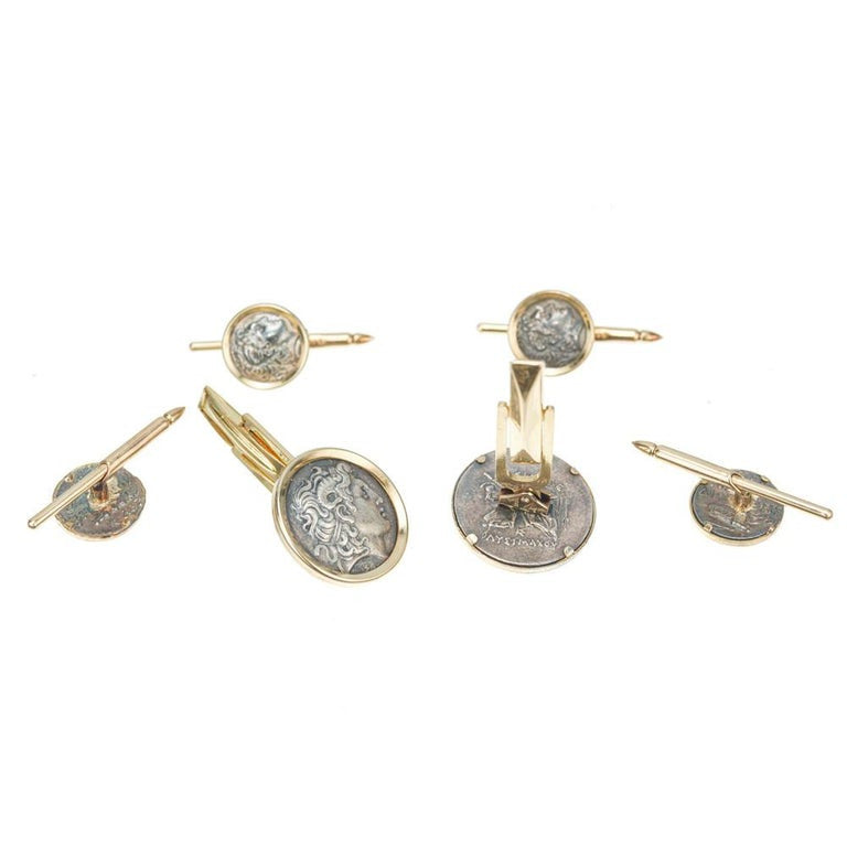 Yellow Gold Silver Greek Coin Cufflink Shirt Stud Set – image 4