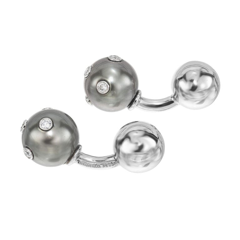 Tiffany & Co .20 Carat Diamond Black Pearl Platinum Barbell Cufflinks – image 3