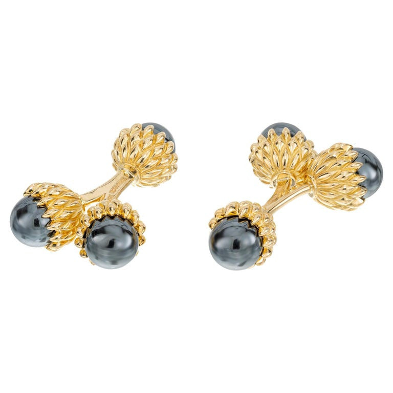 Tiffany & Co Schlumberger Hematite Yellow Gold Double Acorn Cufflinks