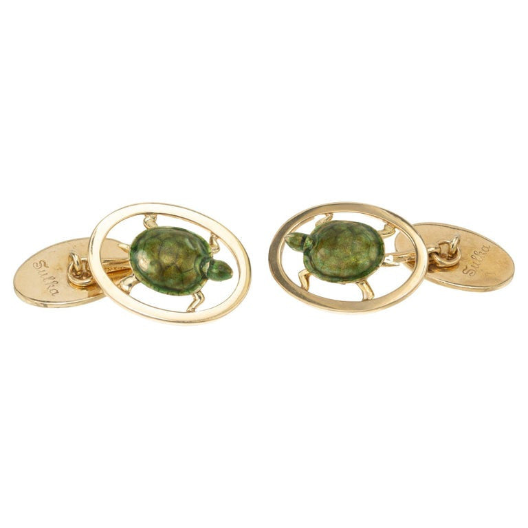 Yellow Gold Enamel Green Sea Turtle Double Sided Cufflinks