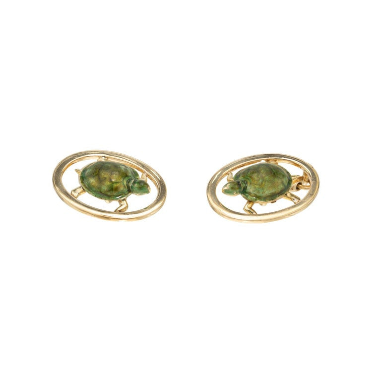Yellow Gold Enamel Green Sea Turtle Double Sided Cufflinks – image 2