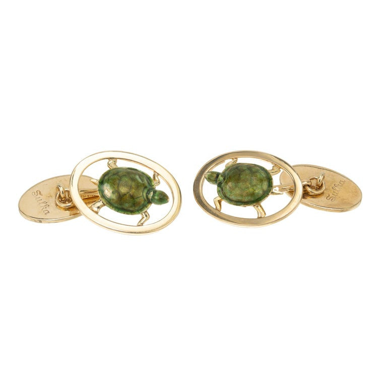 Yellow Gold Enamel Green Sea Turtle Double Sided Cufflinks – image 3