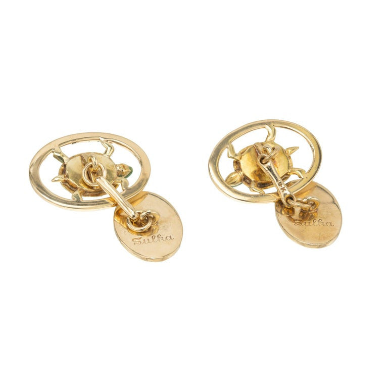 Yellow Gold Enamel Green Sea Turtle Double Sided Cufflinks – image 5