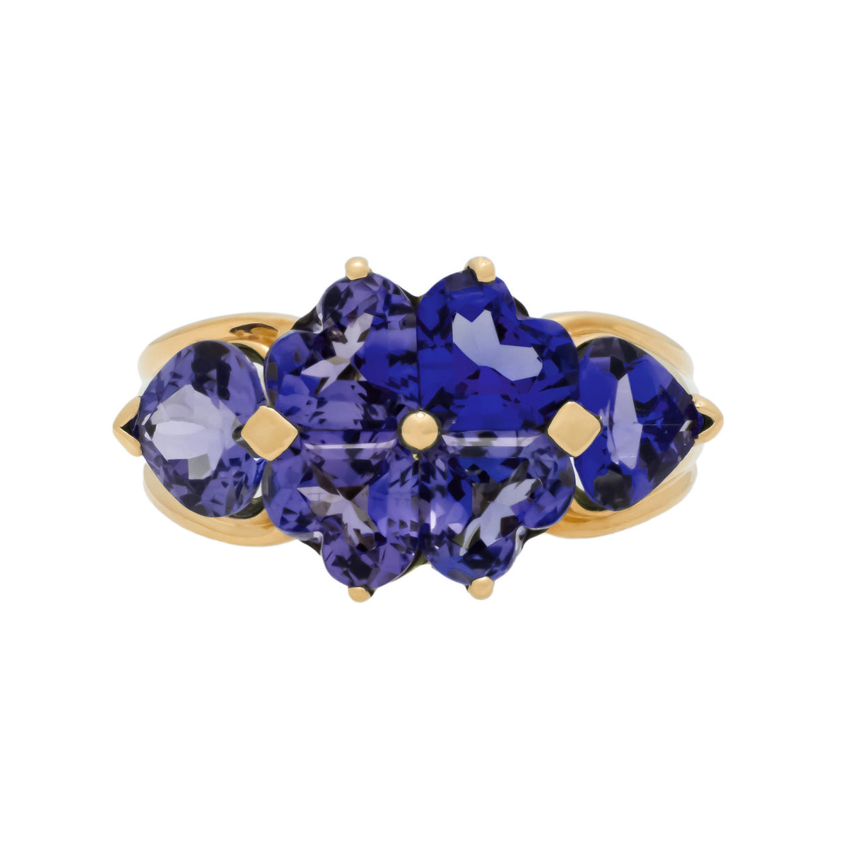 3.20 Carat Tanzanit Zoisite Yellow Gold Heart Shaped Cluster Ring
