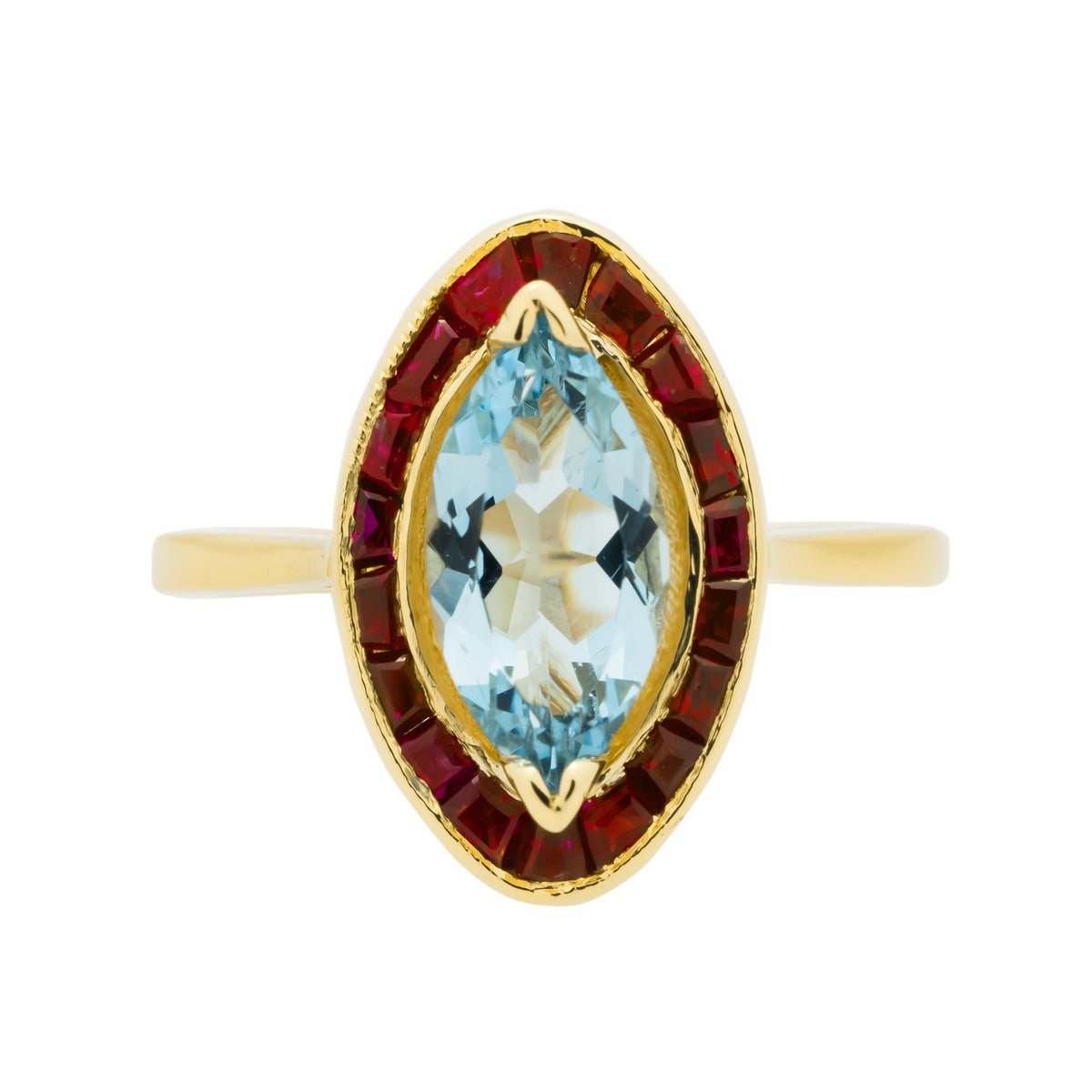 .89 Carat Aquamarine Ruby Yellow Gold Halo Ring
