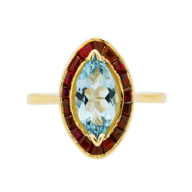 .89 Carat Aquamarine Ruby Yellow Gold Halo Ring