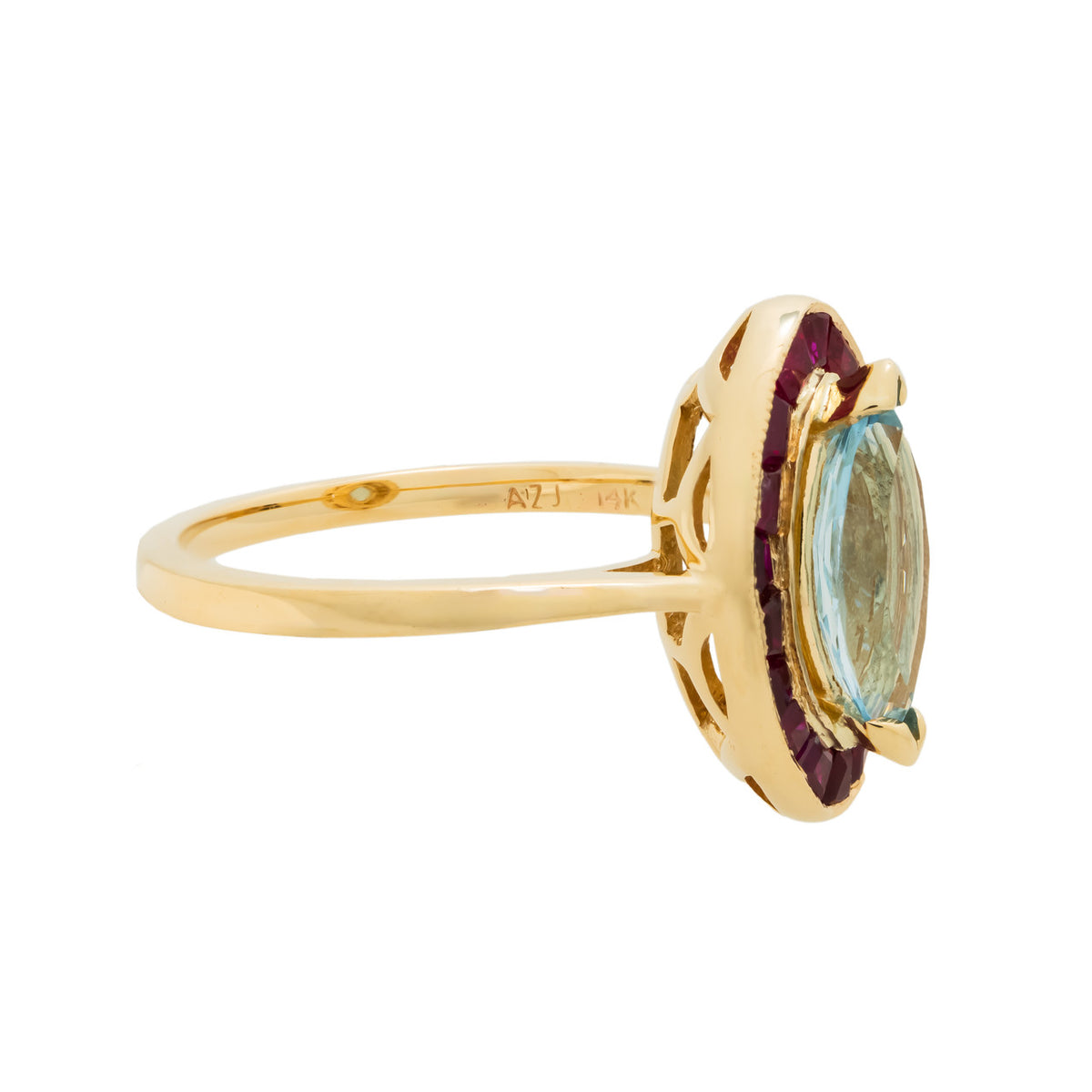 .89 Carat Aquamarine Ruby Yellow Gold Halo Ring – image 6
