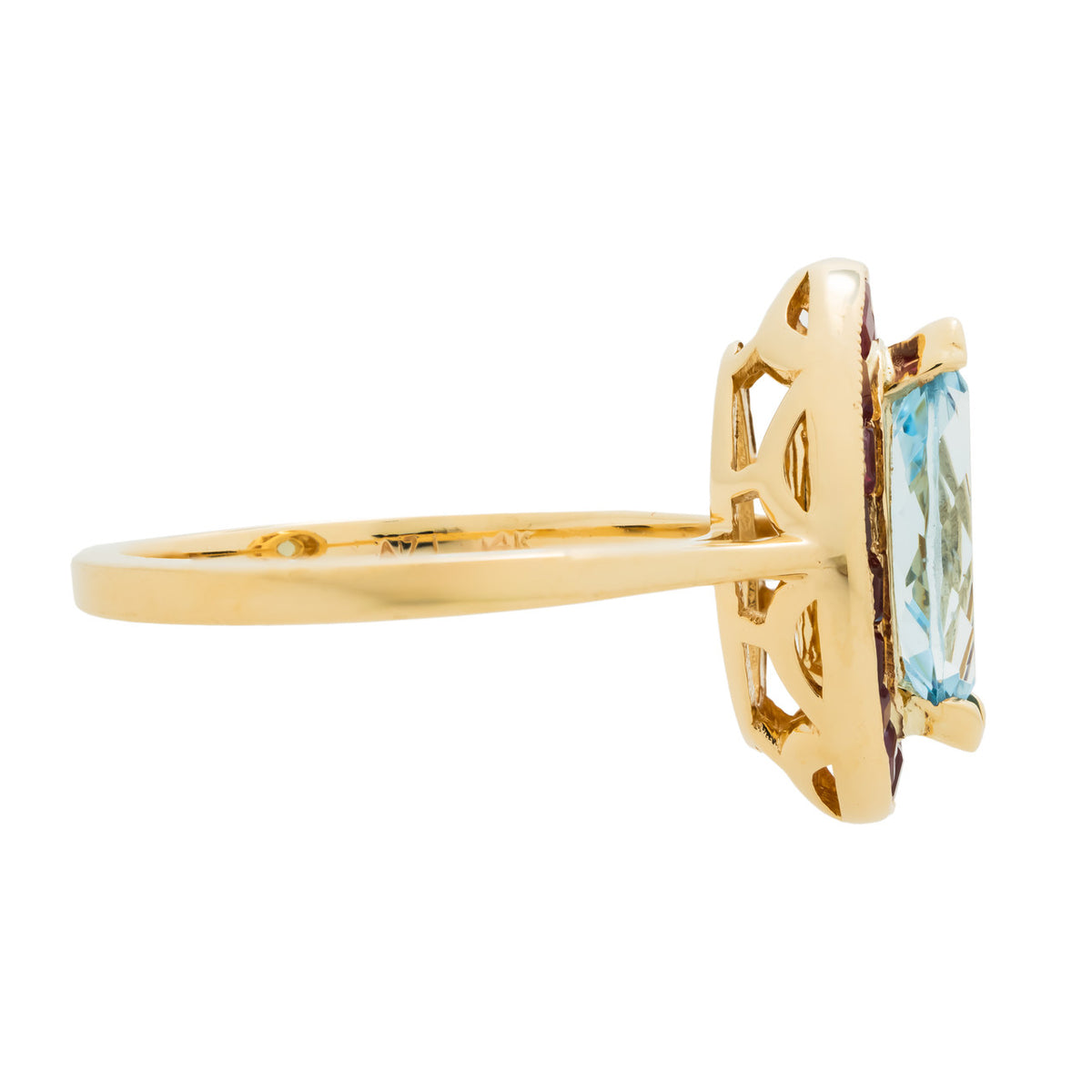 .89 Carat Aquamarine Ruby Yellow Gold Halo Ring – image 7