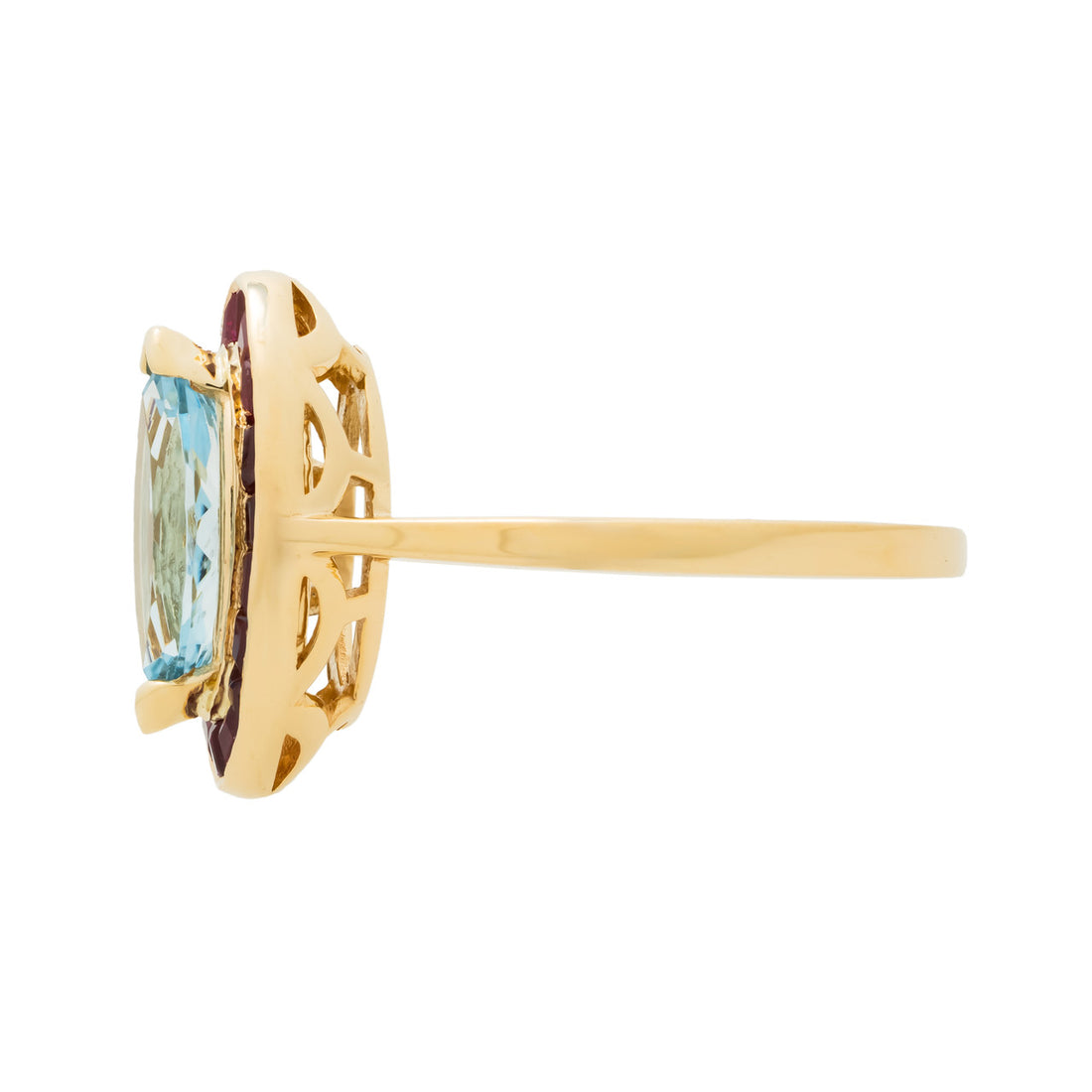 .89 Carat Aquamarine Ruby Yellow Gold Halo Ring – image 3