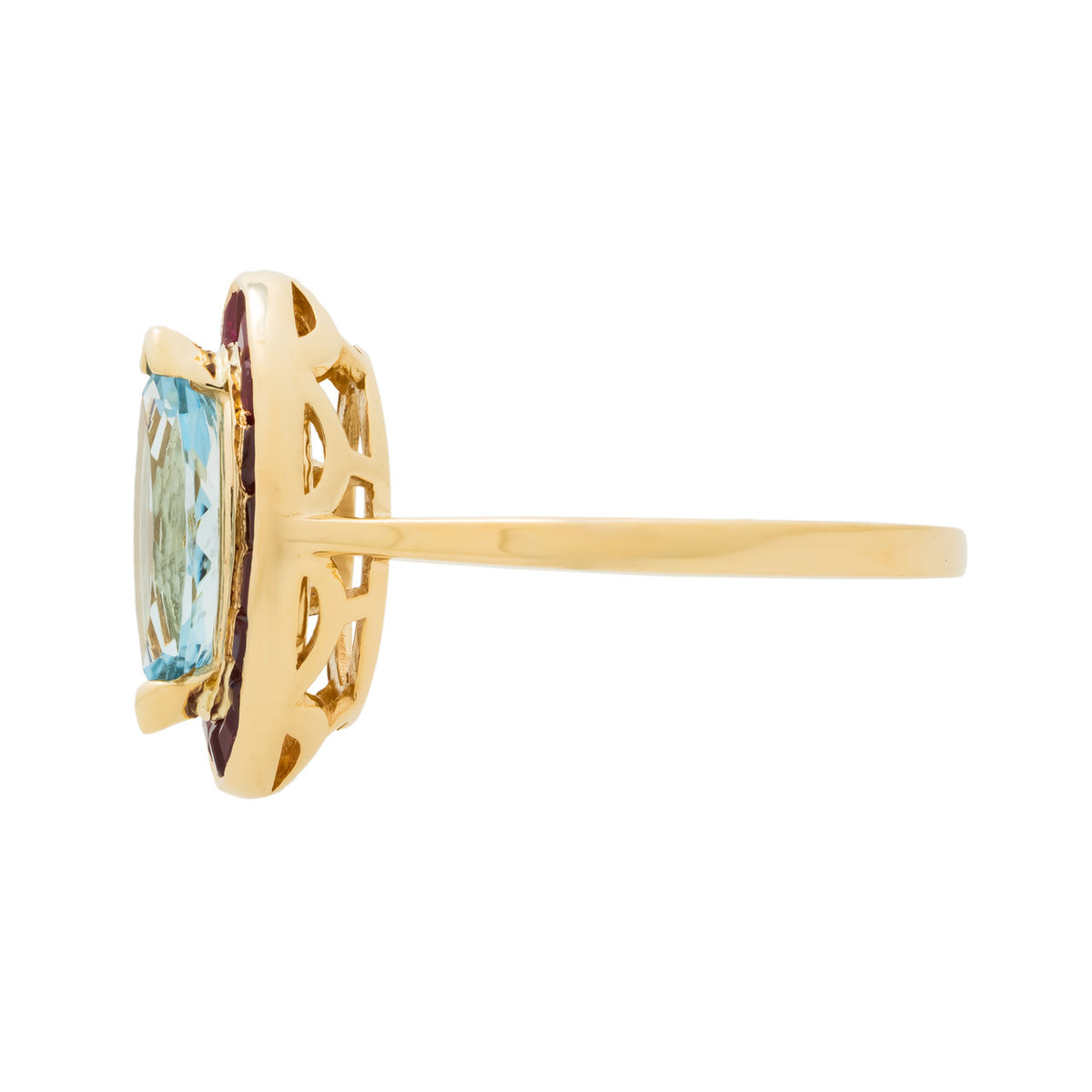 .89 Carat Aquamarine Ruby Yellow Gold Halo Ring – image 3