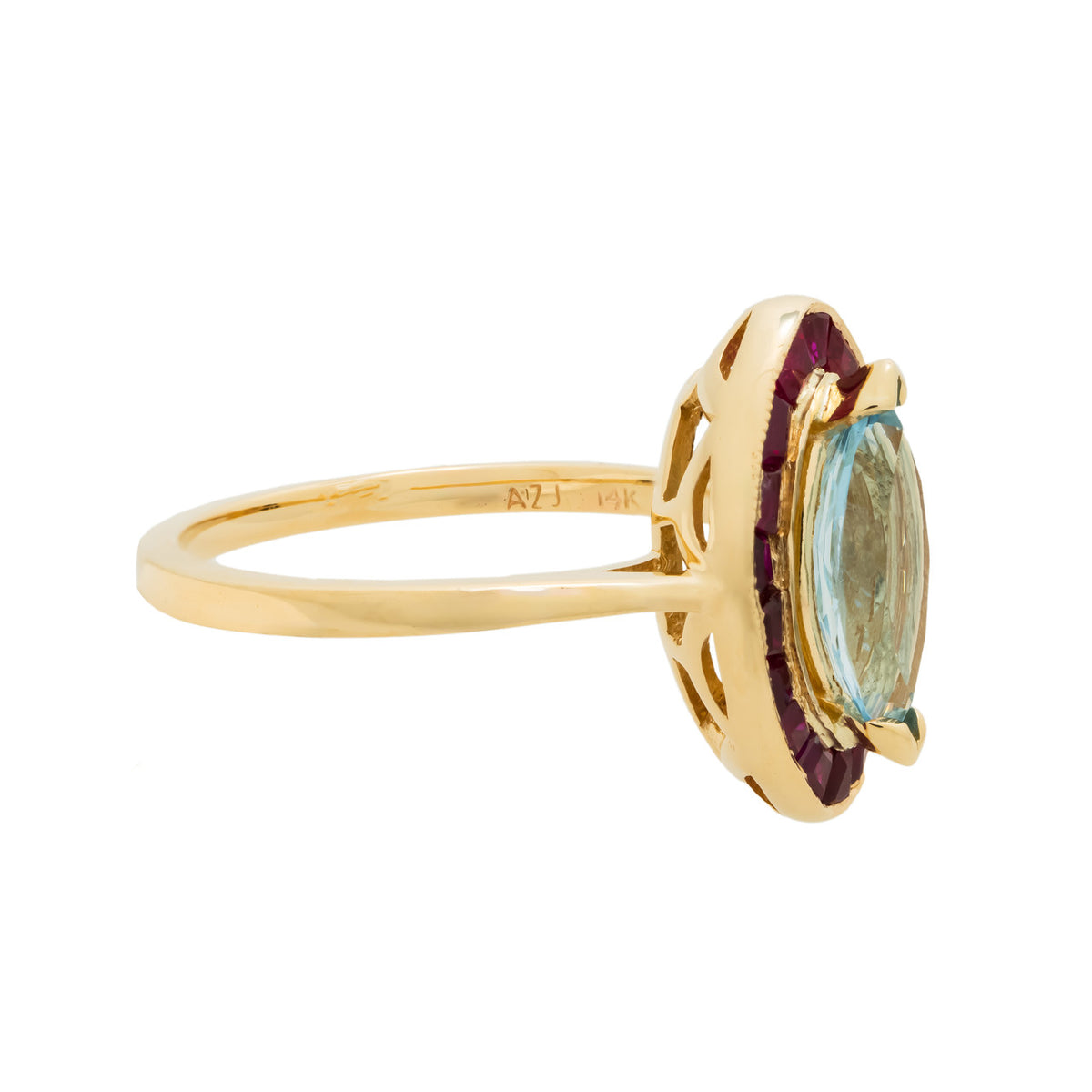 .89 Carat Aquamarine Ruby Yellow Gold Halo Ring – image 4