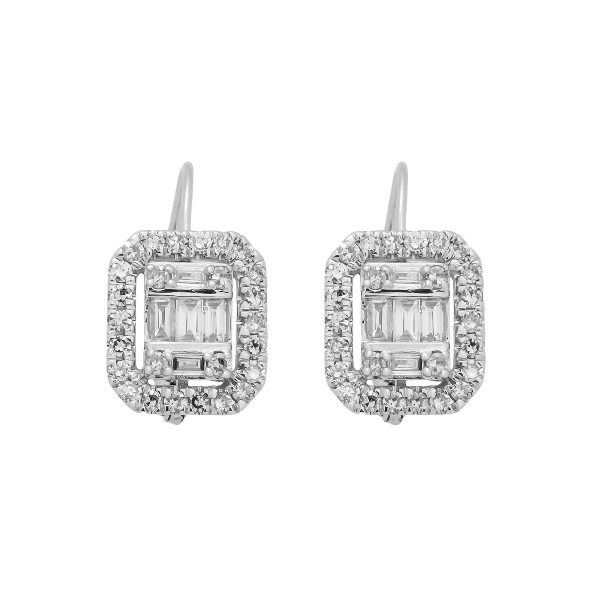.75 Carat Baguette Diamond Halo 14k White Gold Dangle Earrings