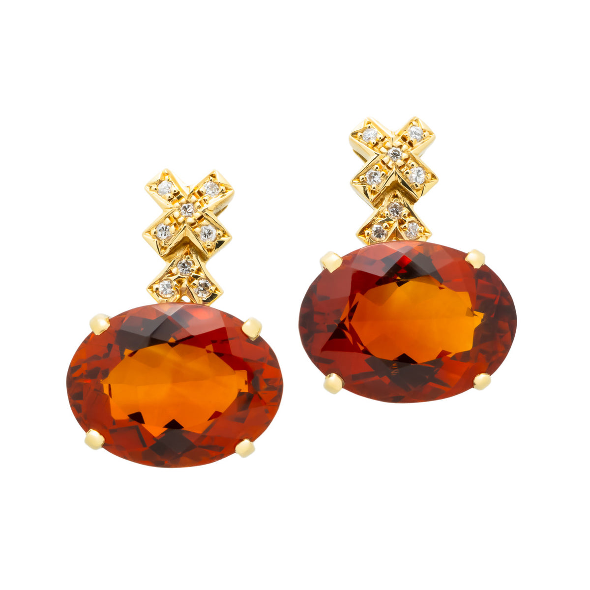 10.5 Carat Oval Citrine Diamond 18k Yellow Gold Dangle Earrings