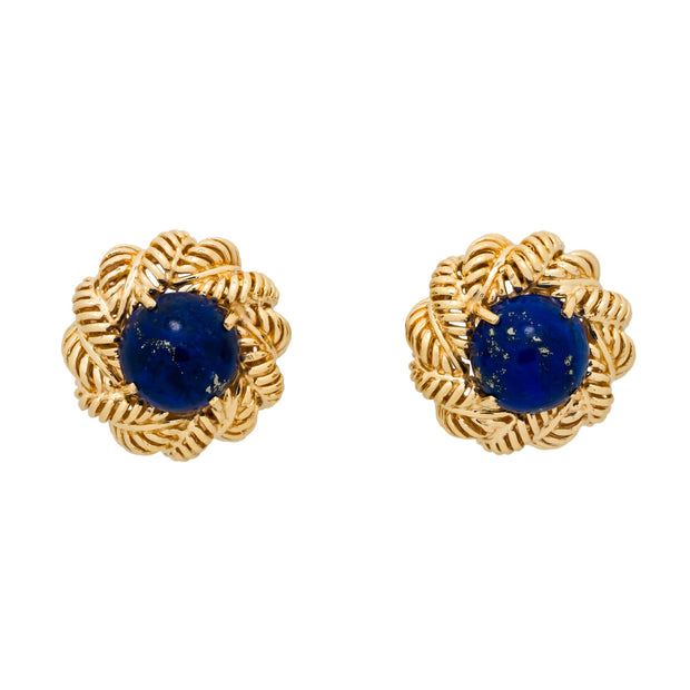 Lapis Lazulli Yellow Gold Clip Post Button Style Earrings