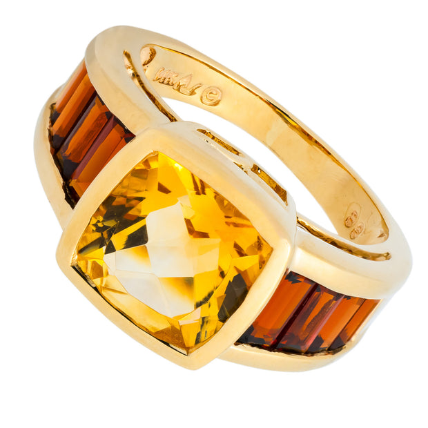 2.00 Cushion Citrine Baguette Garnet 14k Yellow Gold Ring