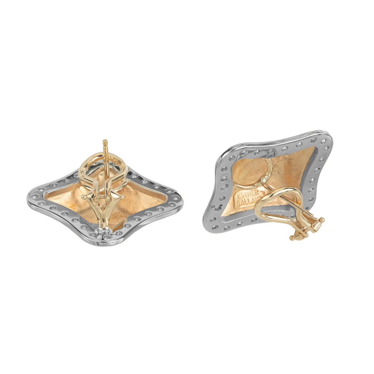 1.68 Carat Diamond Halo Two Tone Gold Pillow Shape Clip Post Earrings – image 4