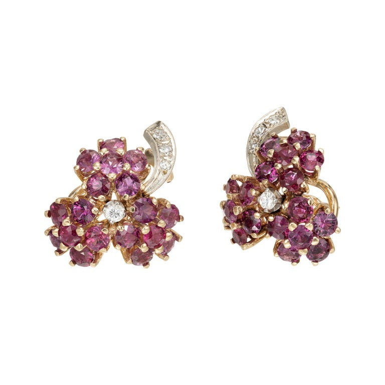 Ruby Diamond Gold Flower Cluster Clip Post Earrings – image 3