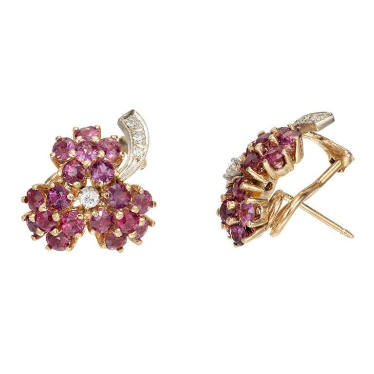 Ruby Diamond Gold Flower Cluster Clip Post Earrings – image 2