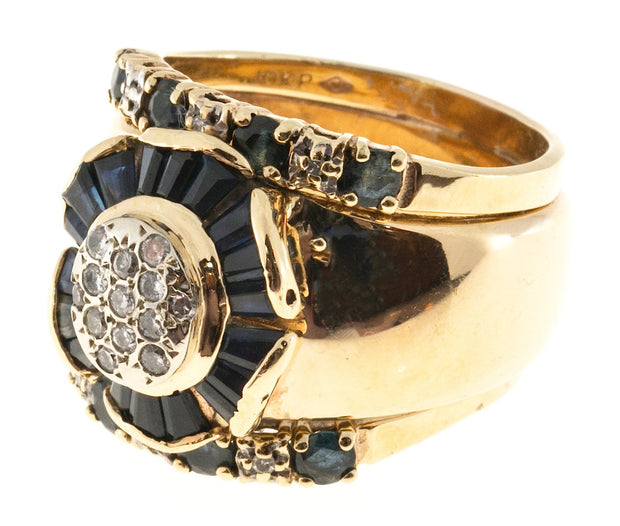 Estate 1975 Wide 14k And 10k Yellow Gold Sapphire And Diamond Ring