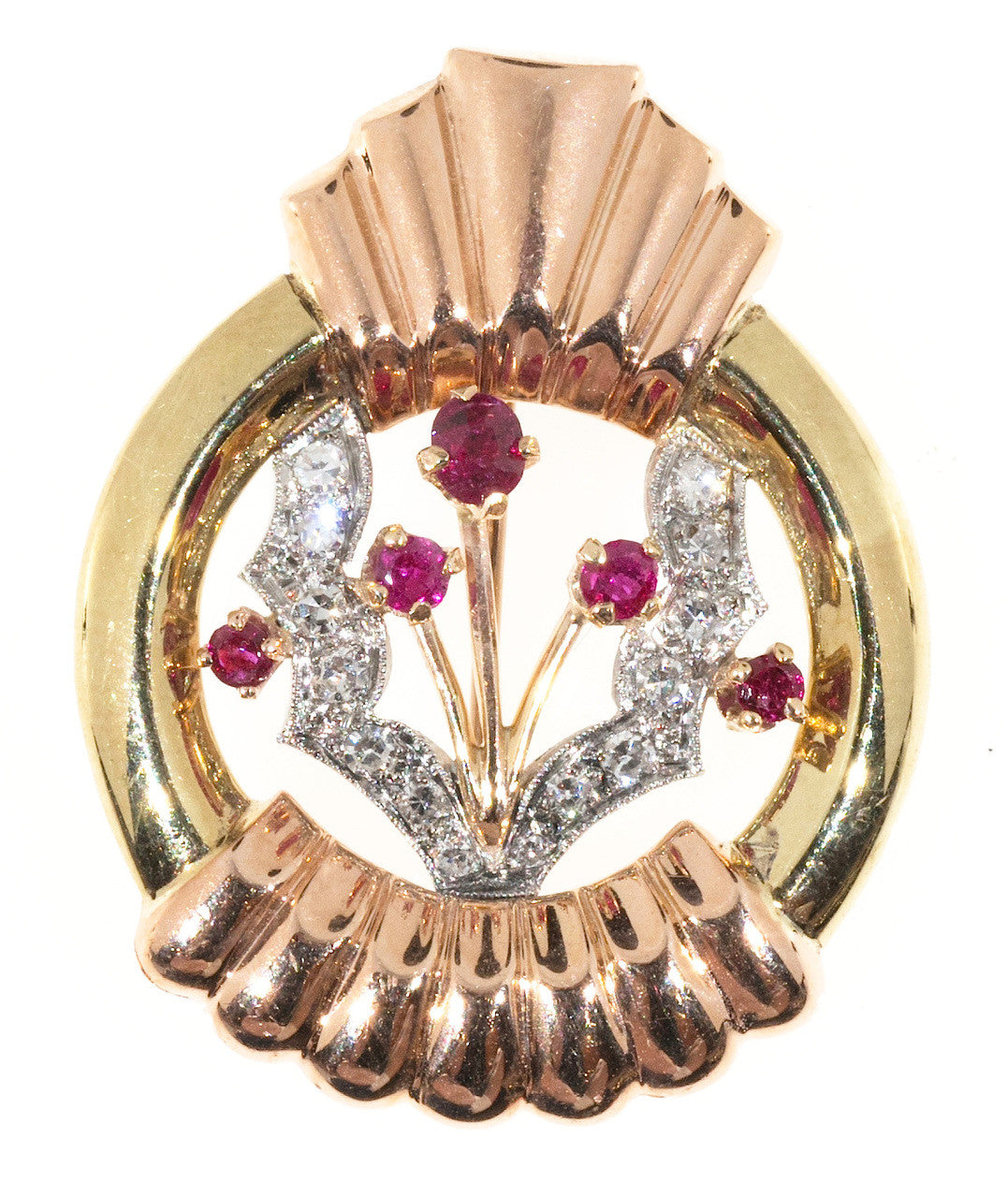 Estate Retro Ruby Bead Set Diamond Green, Pink and White Gold Pin Pendant – image 2