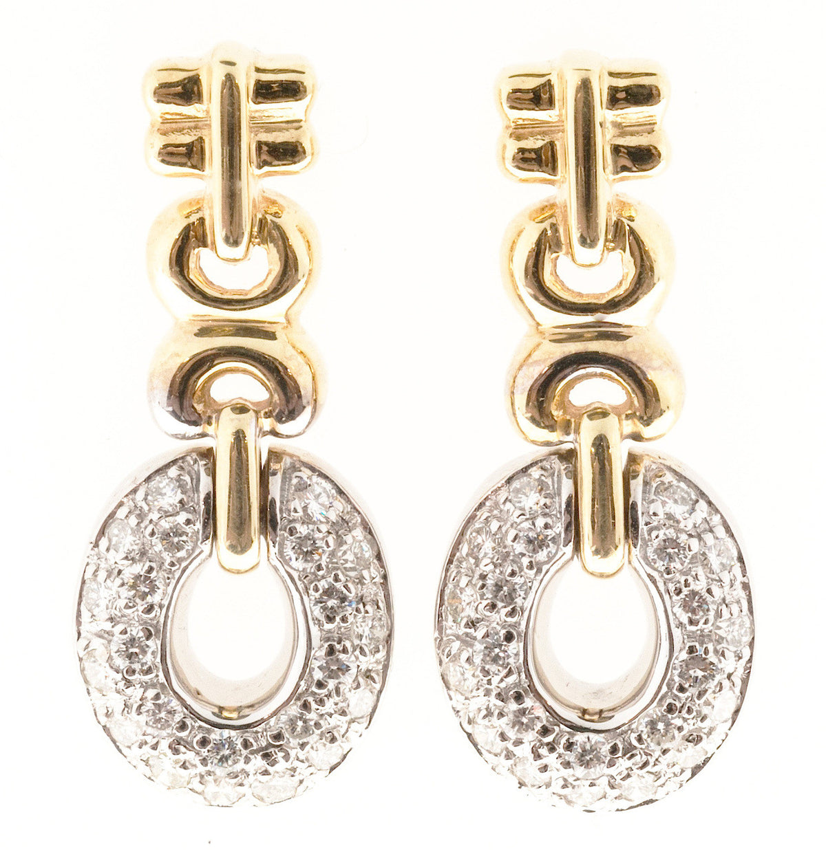 Estate Custom Made 14k 2 Tone Gold Designer Oval Pave Diamond Dangle Earrings