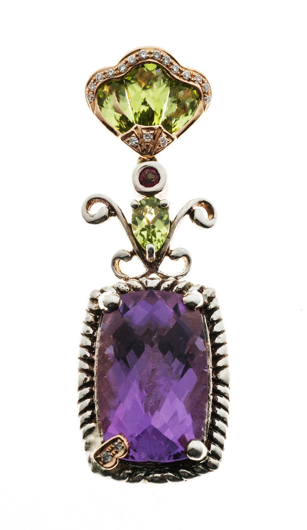 Estate Bellari 18k Pink Gold Silver Amethyst Peridot Diamond Pendant