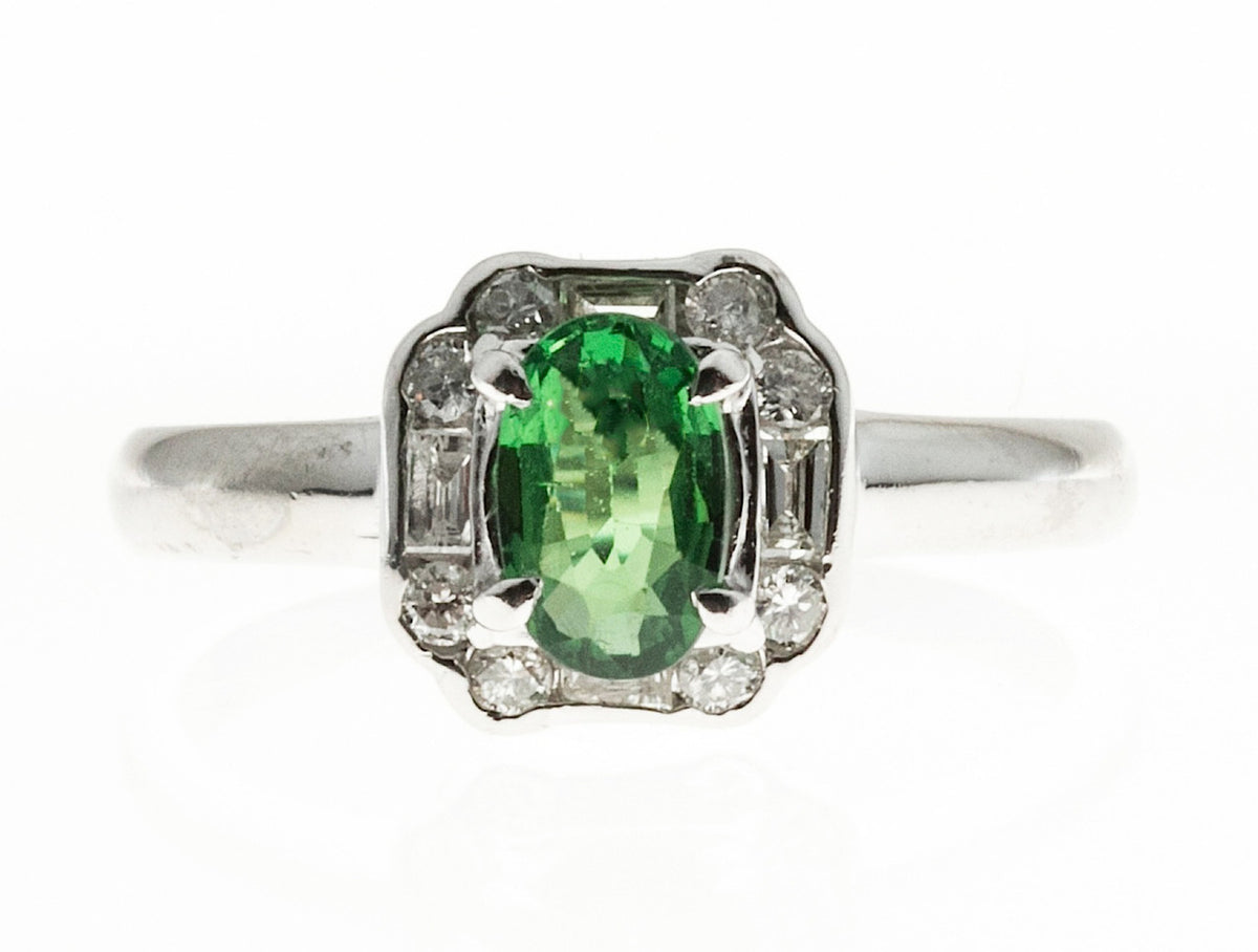 1940s Art Deco Style Green Tsavorite Garnet Platinum 12 Diamond Deco Ring