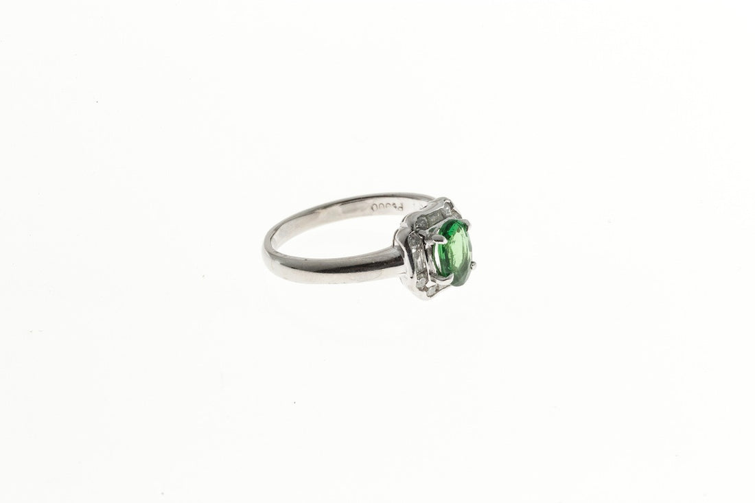 1940s Art Deco Style Green Tsavorite Garnet Platinum 12 Diamond Deco Ring – image 3
