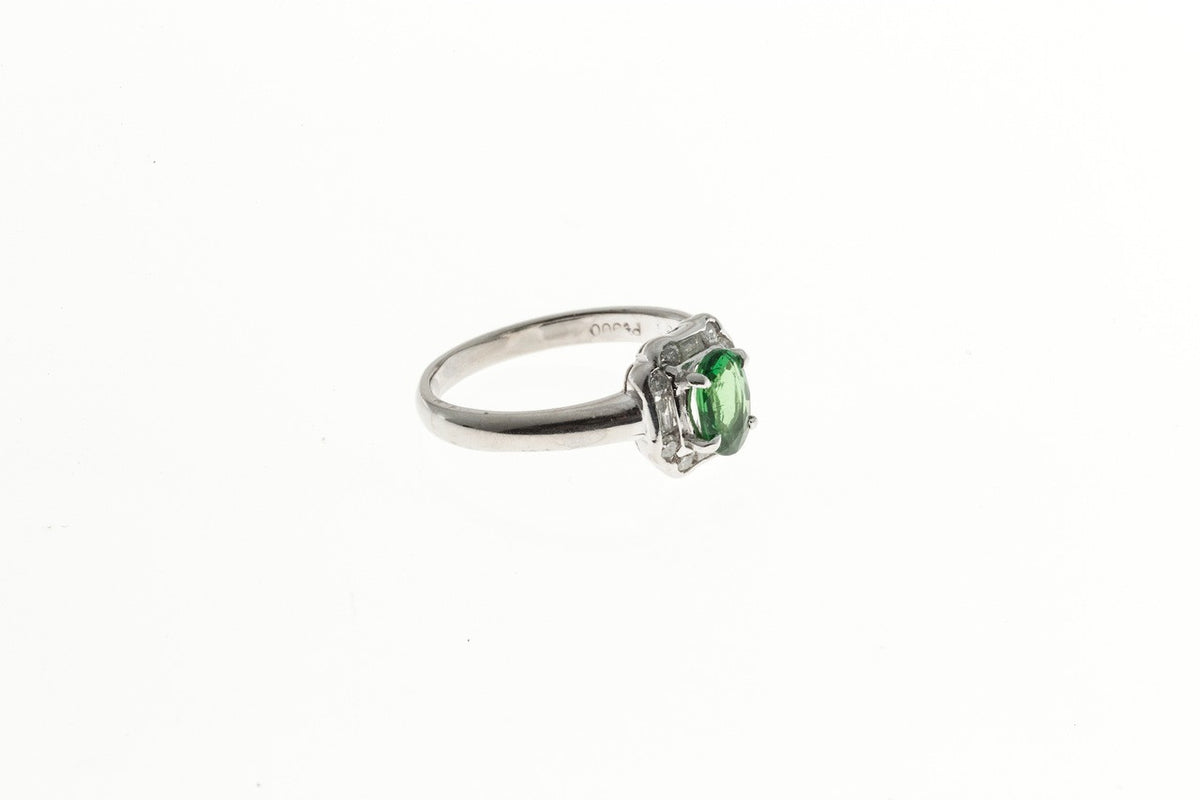 1940s Art Deco Style Green Tsavorite Garnet Platinum 12 Diamond Deco Ring – image 3