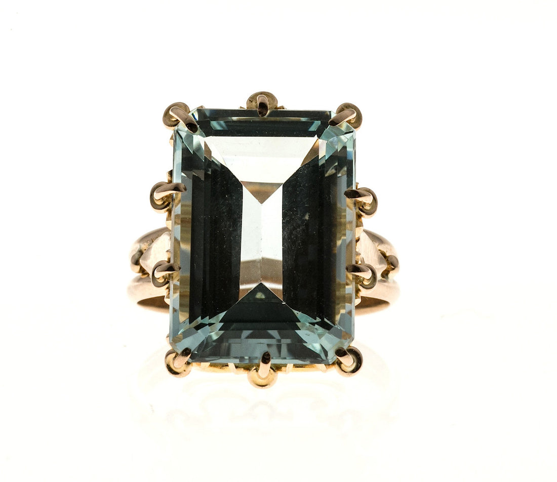 Vintage 1940 Handmade Crown Design 13.17ct Emerald Cut 18k Aqua Ring – image 5
