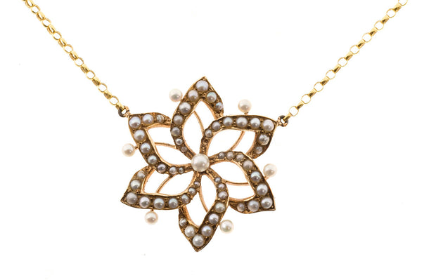 Victorian Natural Pearl Open Flower Design 14k Yellow Gold Necklace