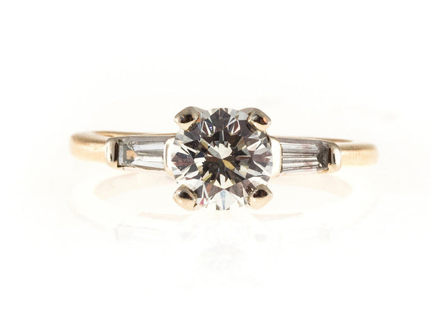 Vintage 1.00ct F Color Round Diamond Clarity 14k Yellow White Gold Baguette Ring