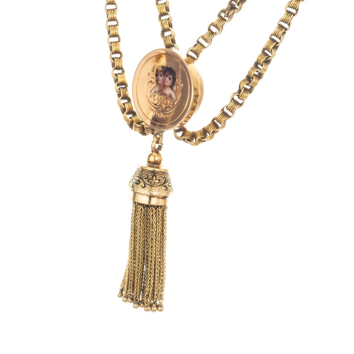 Victorian Gold Tassel Engraved Enamel Pendant Necklace – image 6