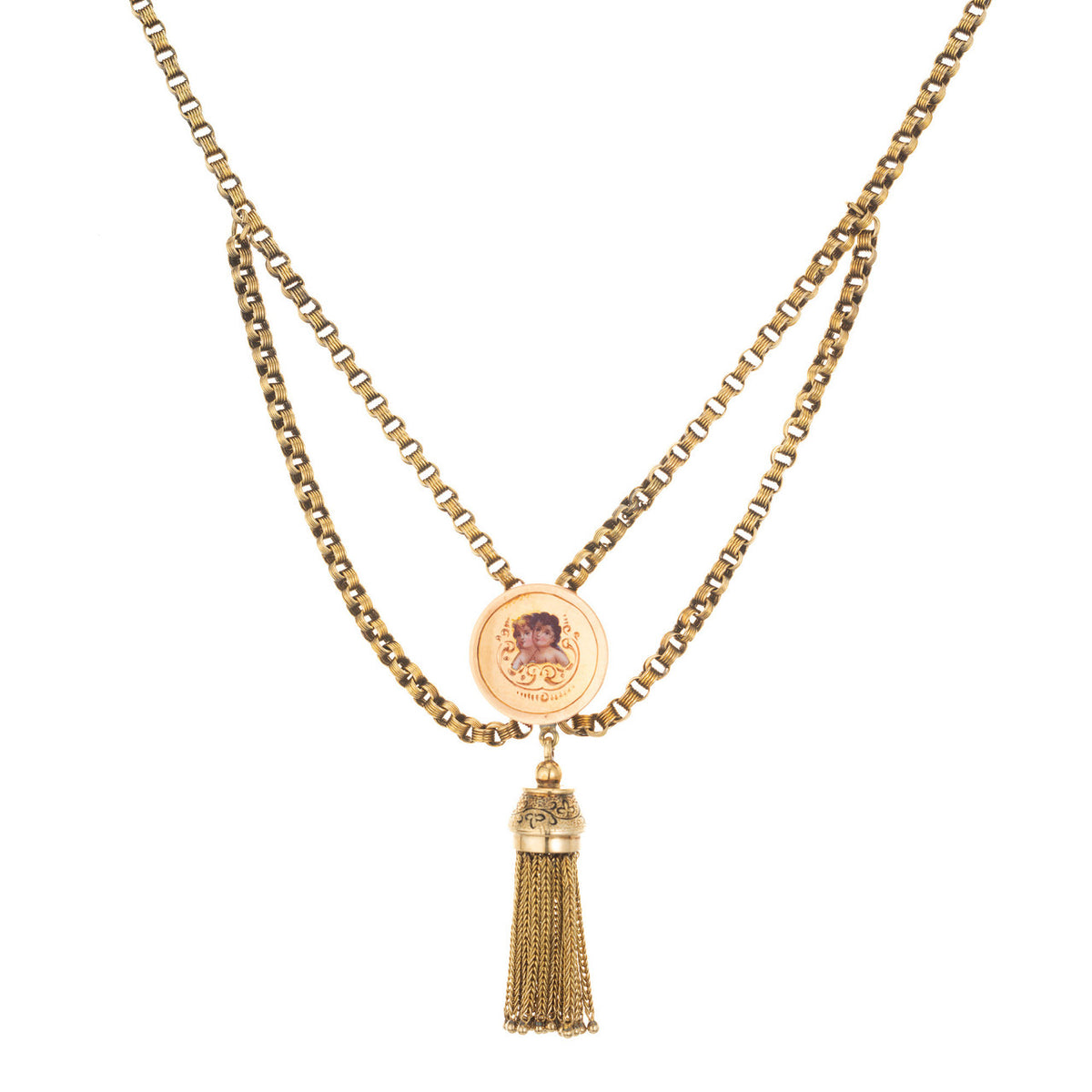 Victorian Gold Tassel Engraved Enamel Pendant Necklace