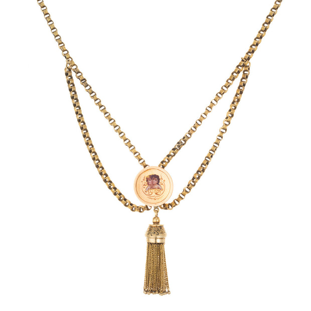 Victorian Gold Tassel Engraved Enamel Pendant Necklace