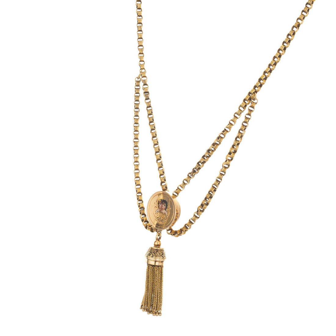 Victorian Gold Tassel Engraved Enamel Pendant Necklace – image 3