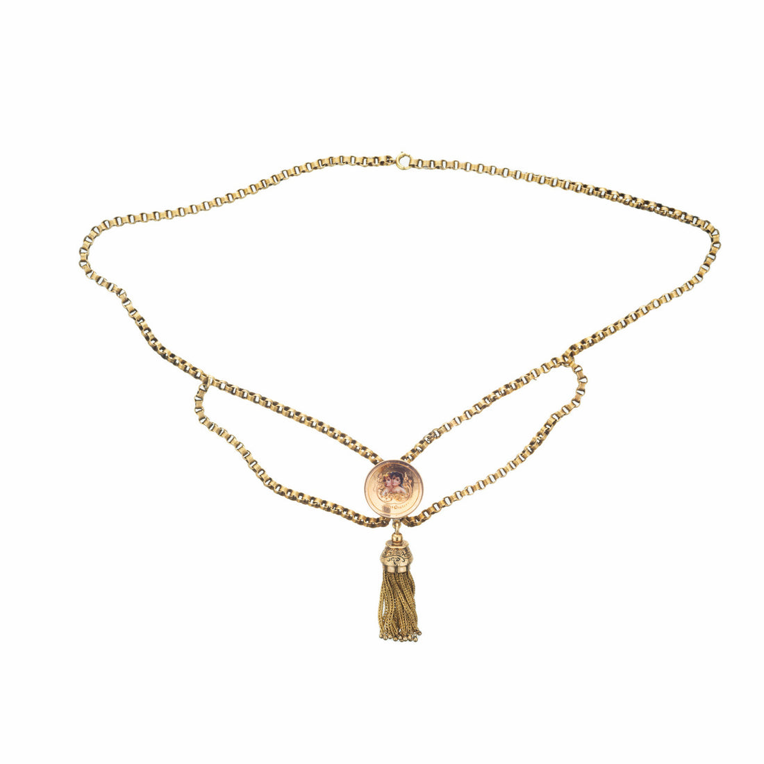 Victorian Gold Tassel Engraved Enamel Pendant Necklace – image 2