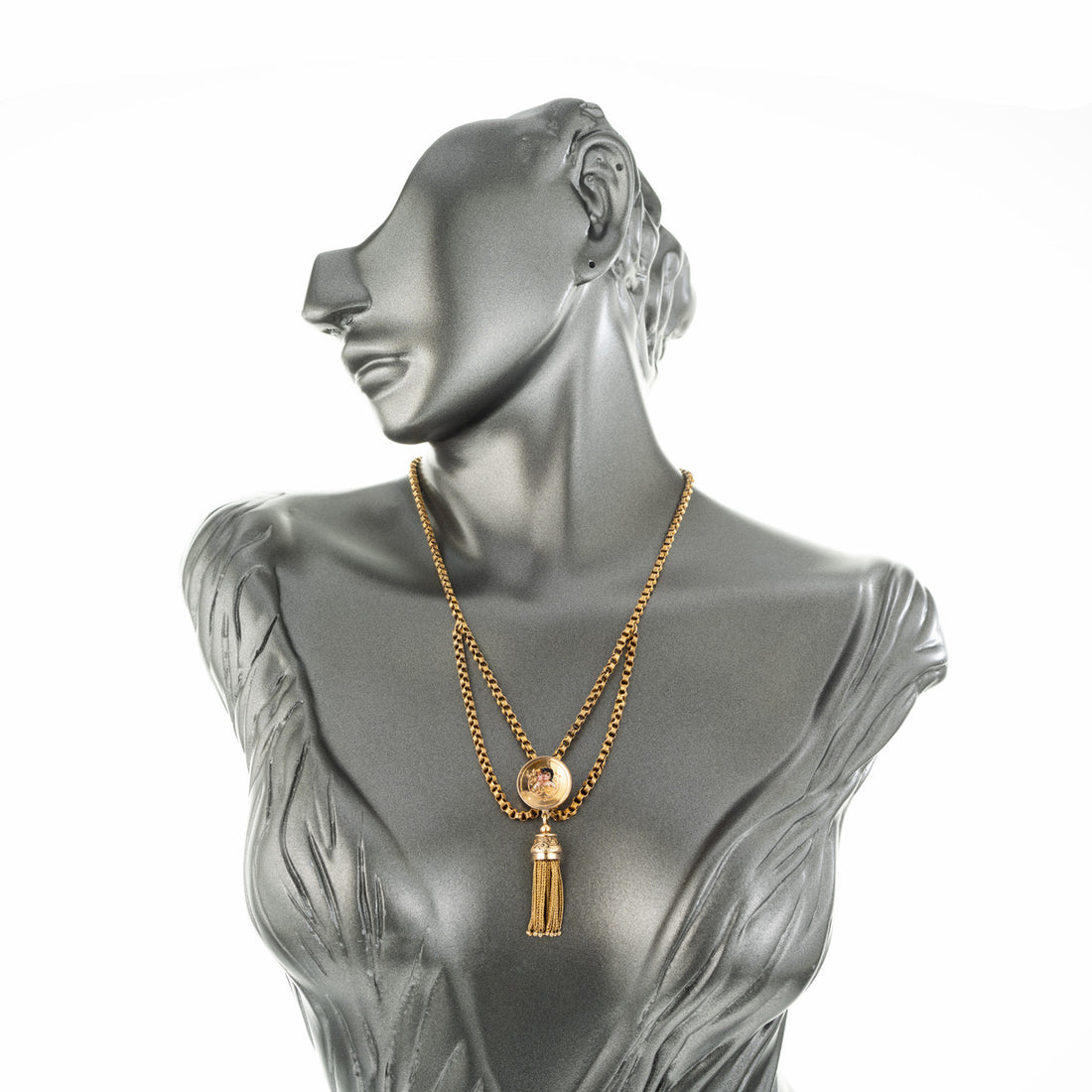 Victorian Gold Tassel Engraved Enamel Pendant Necklace – image 5
