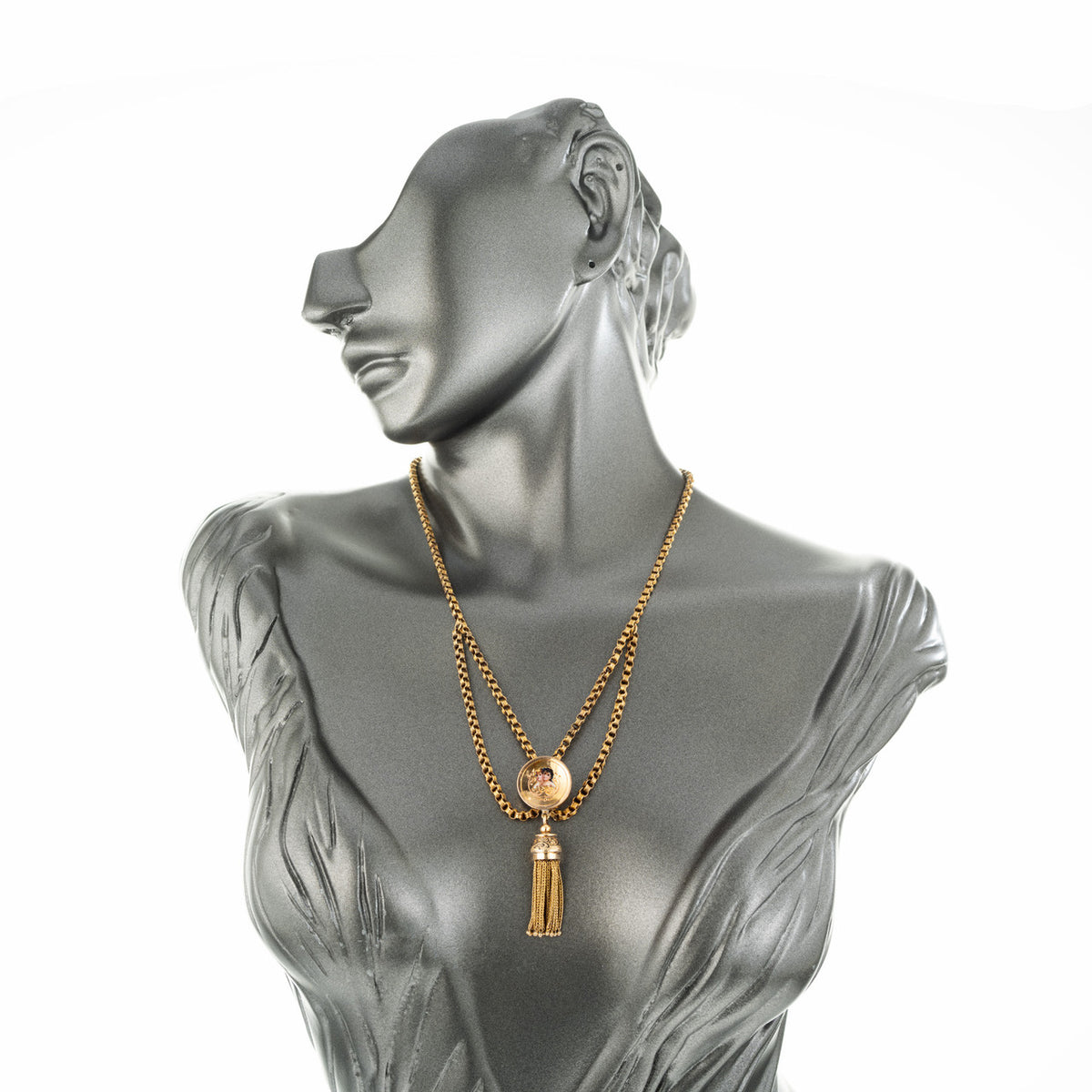 Victorian Gold Tassel Engraved Enamel Pendant Necklace – image 5