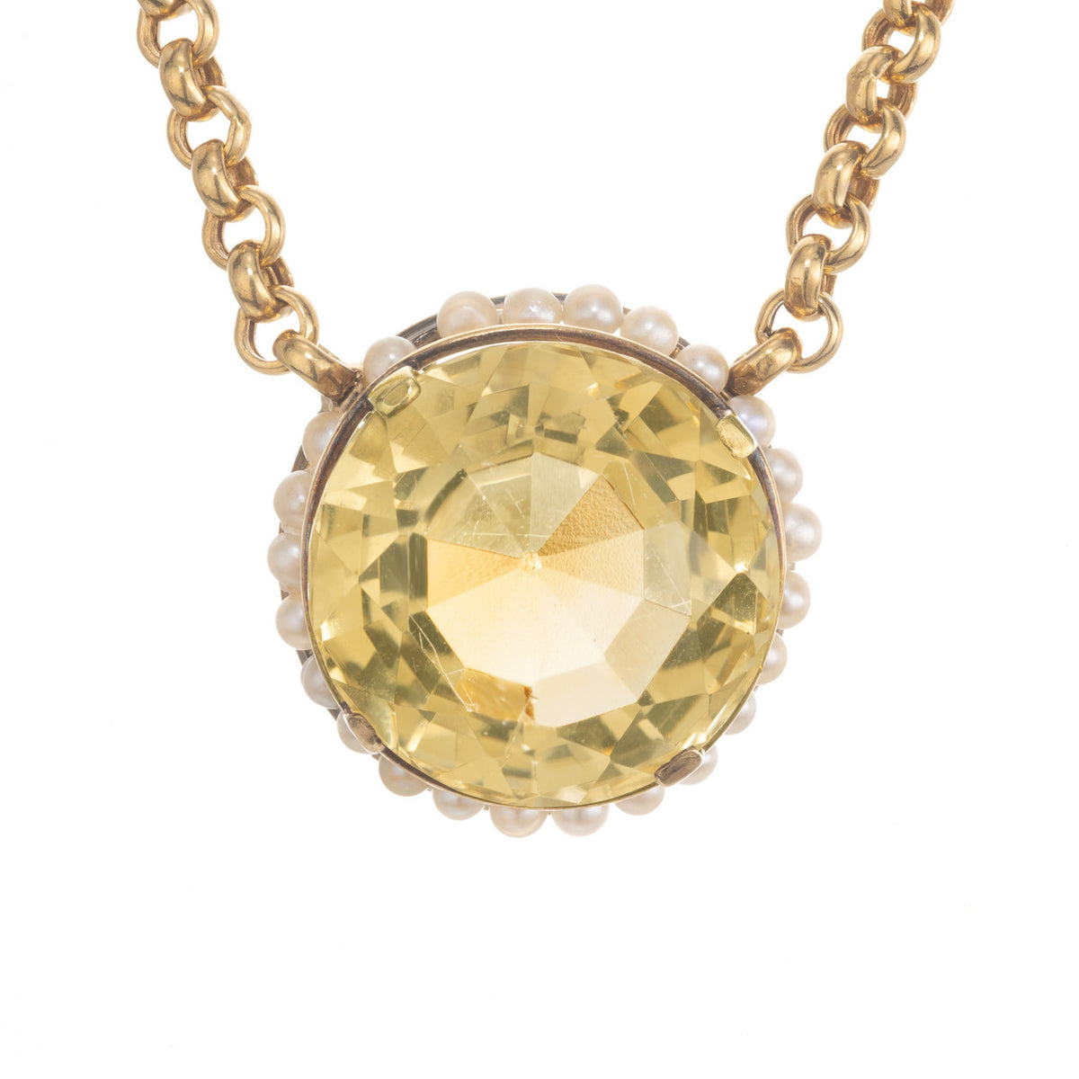 11.00 Carat Round Citrine Pearl Halo 14k Yellow Gold Victorian Pendant Necklace – image 2