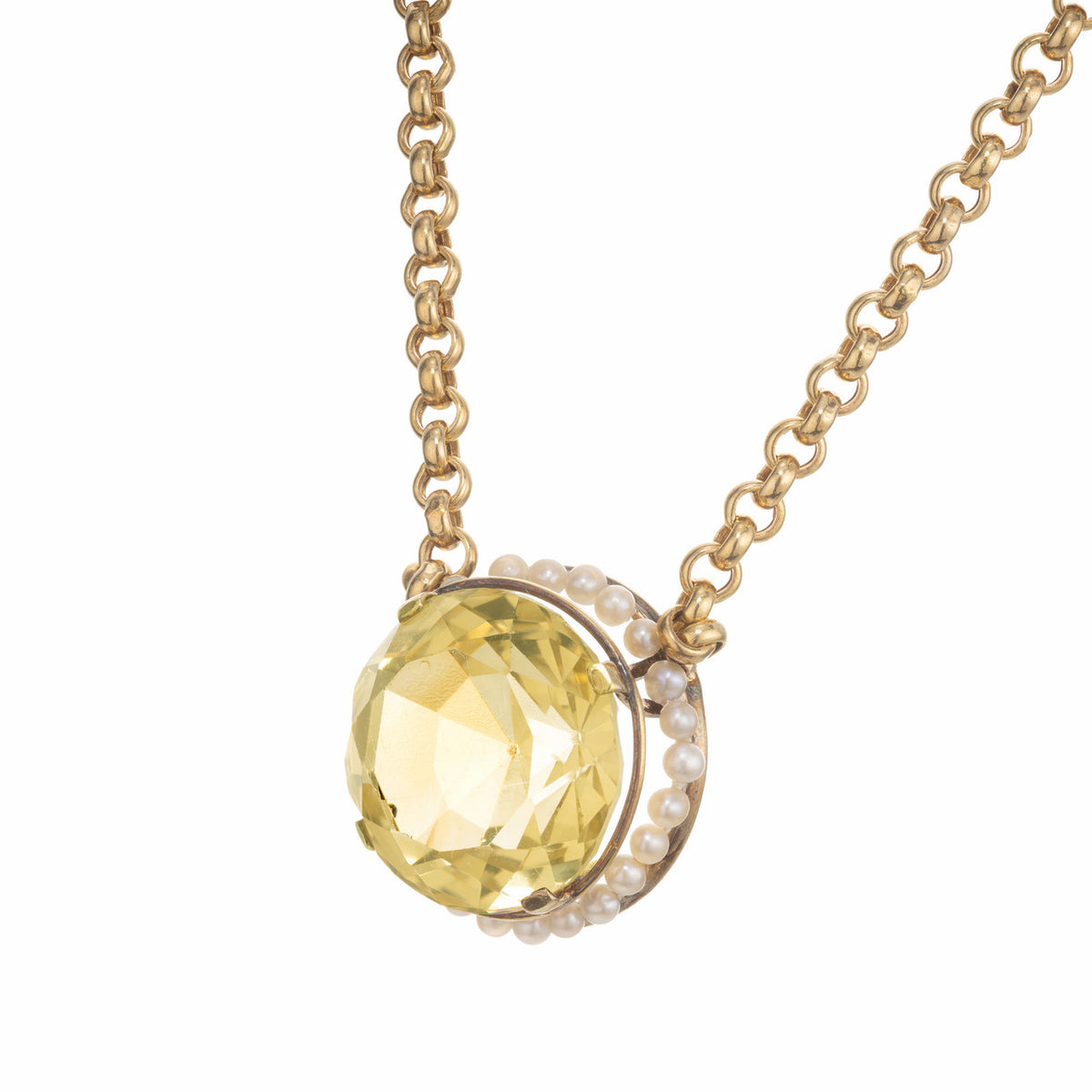 11.00 Carat Round Citrine Pearl Halo 14k Yellow Gold Victorian Pendant Necklace – image 4