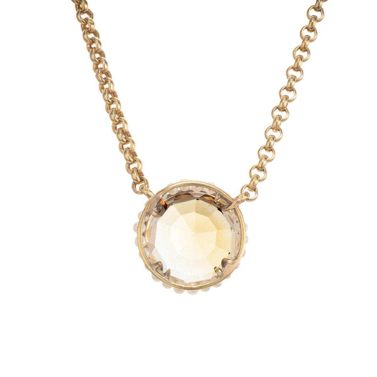 11.00 Carat Round Citrine Pearl Halo 14k Yellow Gold Victorian Pendant Necklace – image 3