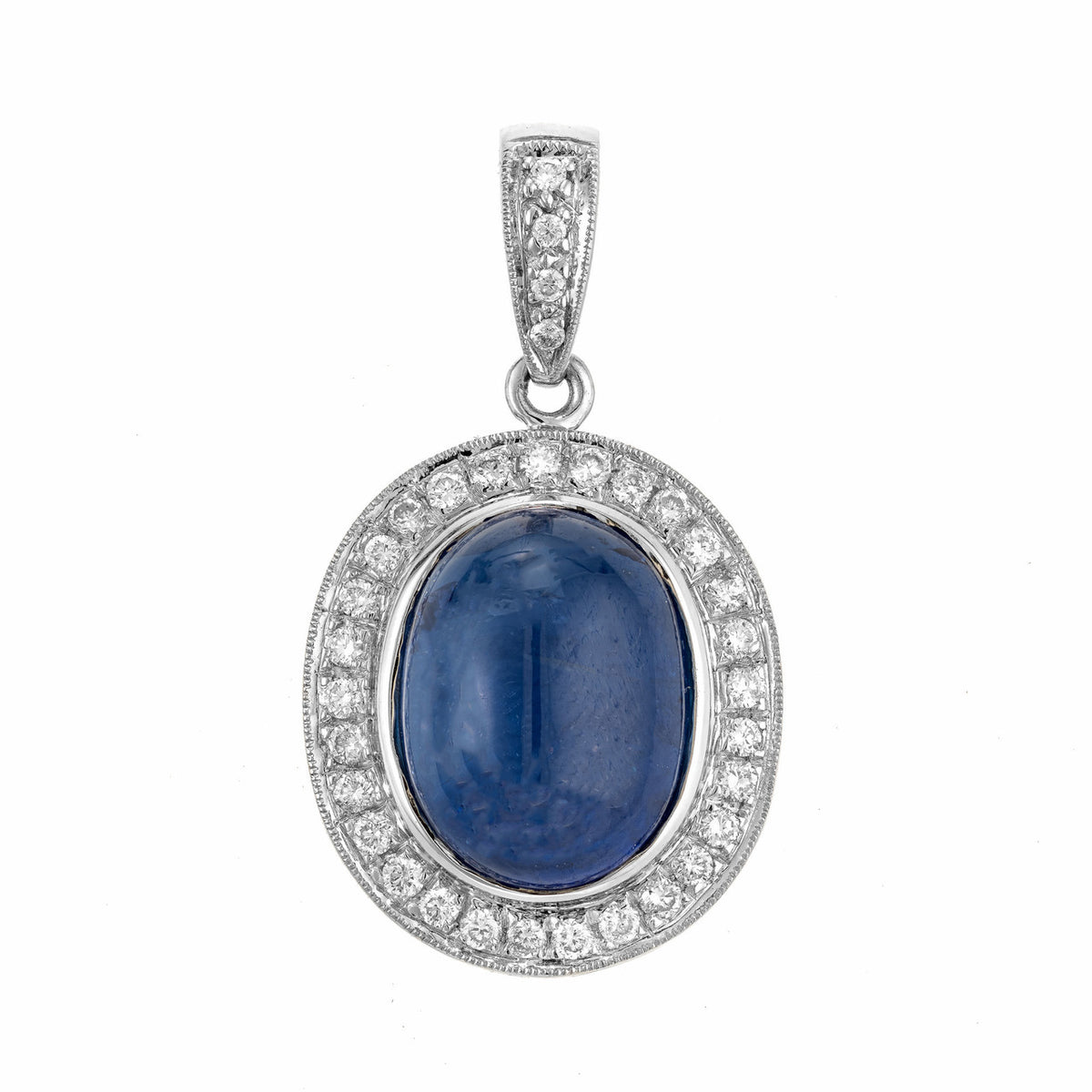 Cabochon Ceylon Oval Sapphire & Round Diamond Pendant 18k White Gold