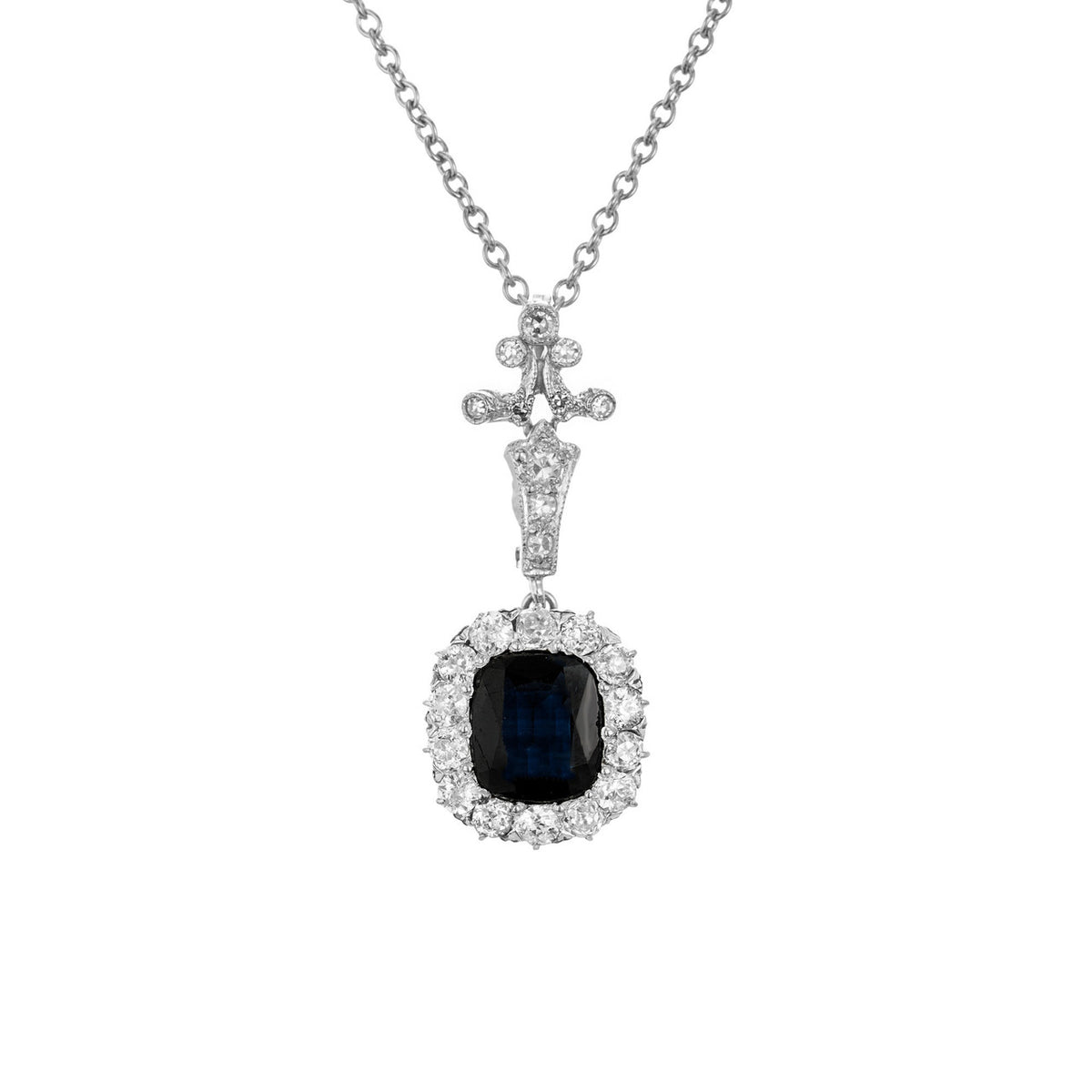1.95 Carat Victorian Royal Deep Blue Natural Platinum Sapphire Pendant Necklace