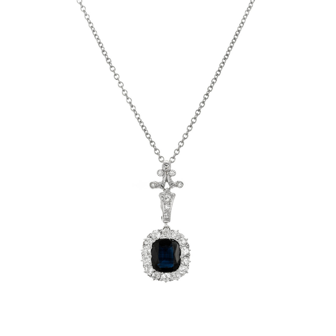 1.95 Carat Victorian Royal Deep Blue Natural Platinum Sapphire Pendant Necklace – image 4