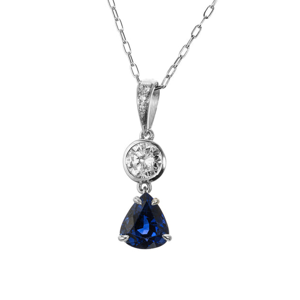 GIA Certified 1.74 Carat Pear Sapphire Diamond Platinum Pendant Necklace