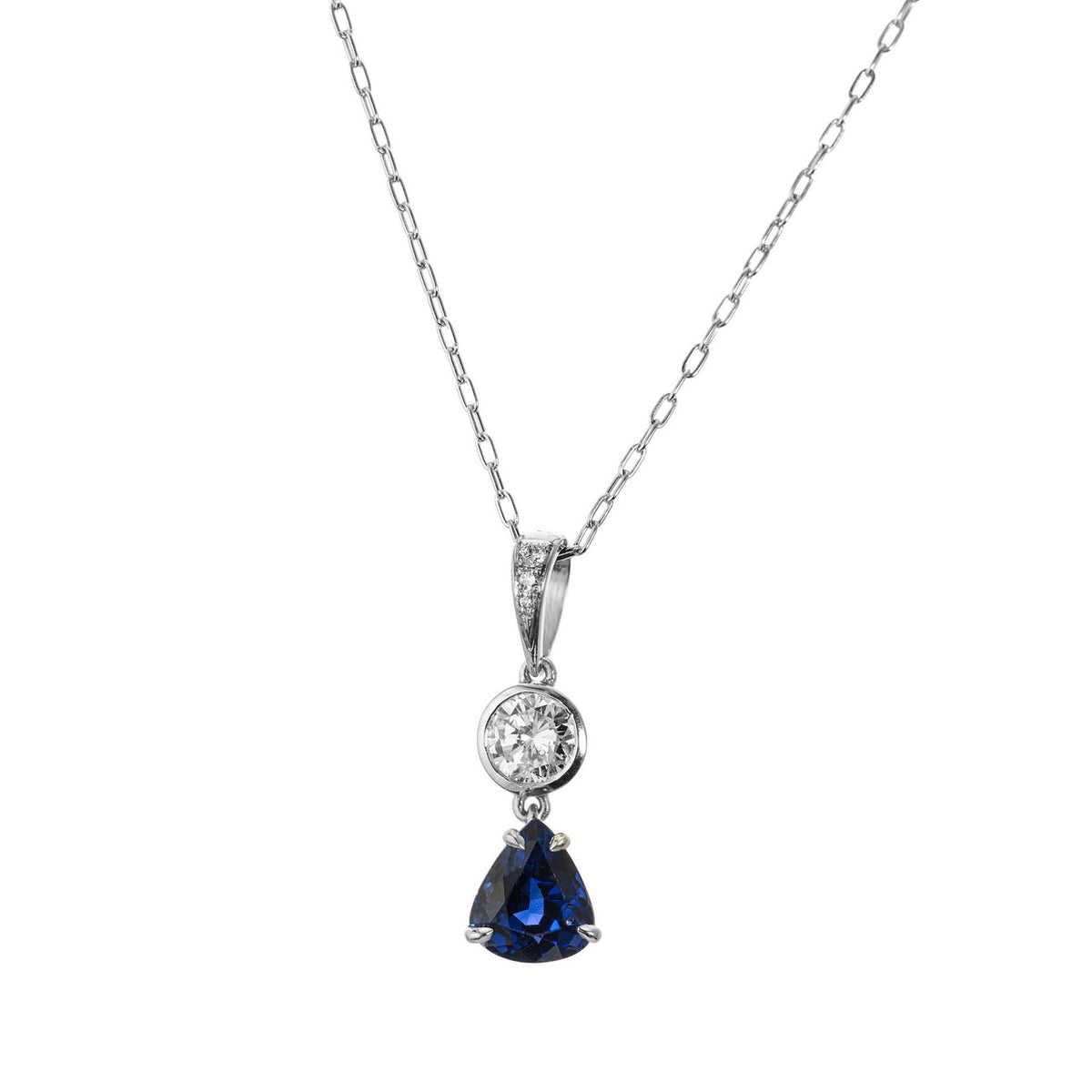 GIA Certified 1.74 Carat Pear Sapphire Diamond Platinum Pendant Necklace – image 4