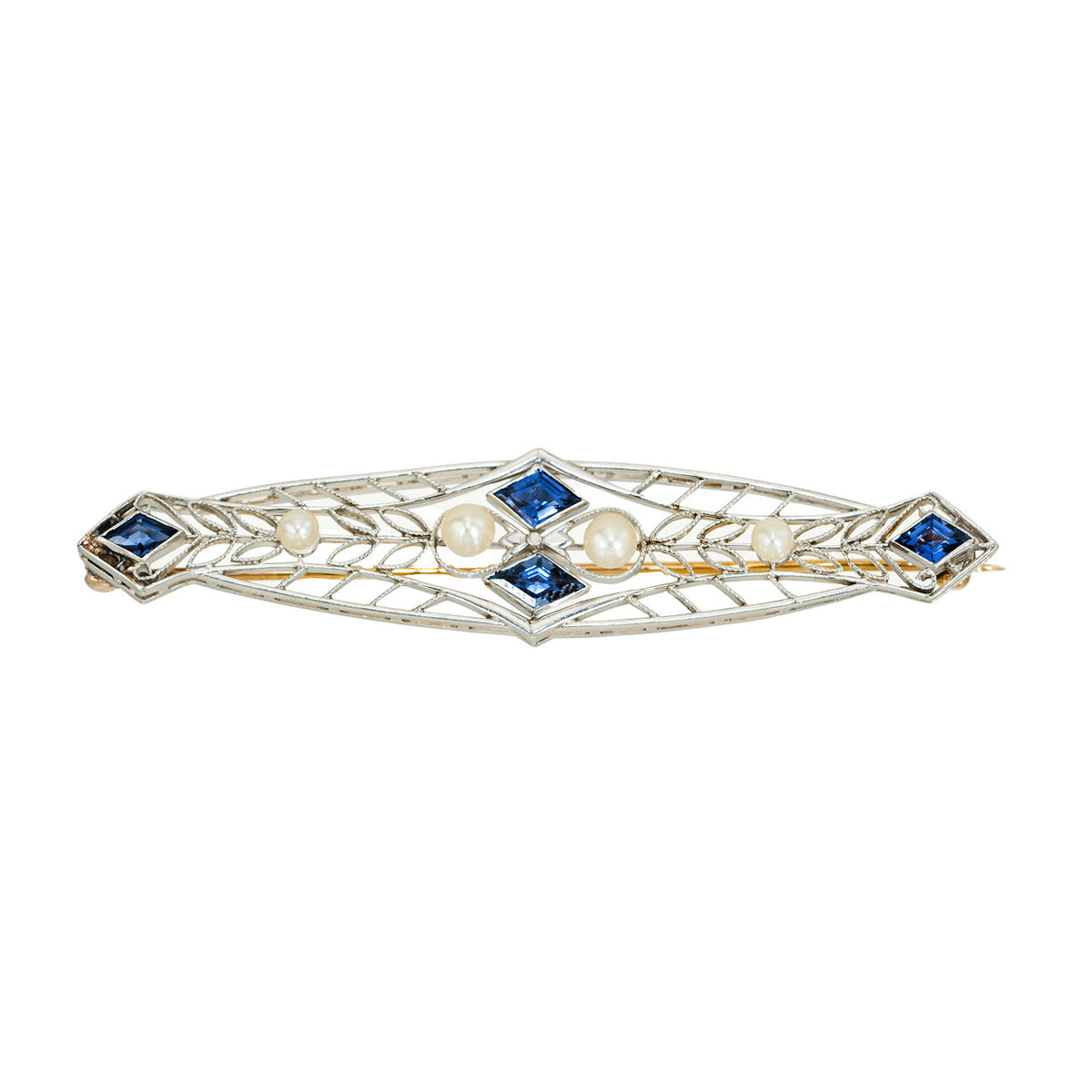 AGL Yogo Montana Deco Kite Shaped Sapphire Natural Pearl Gold Platinum Brooch