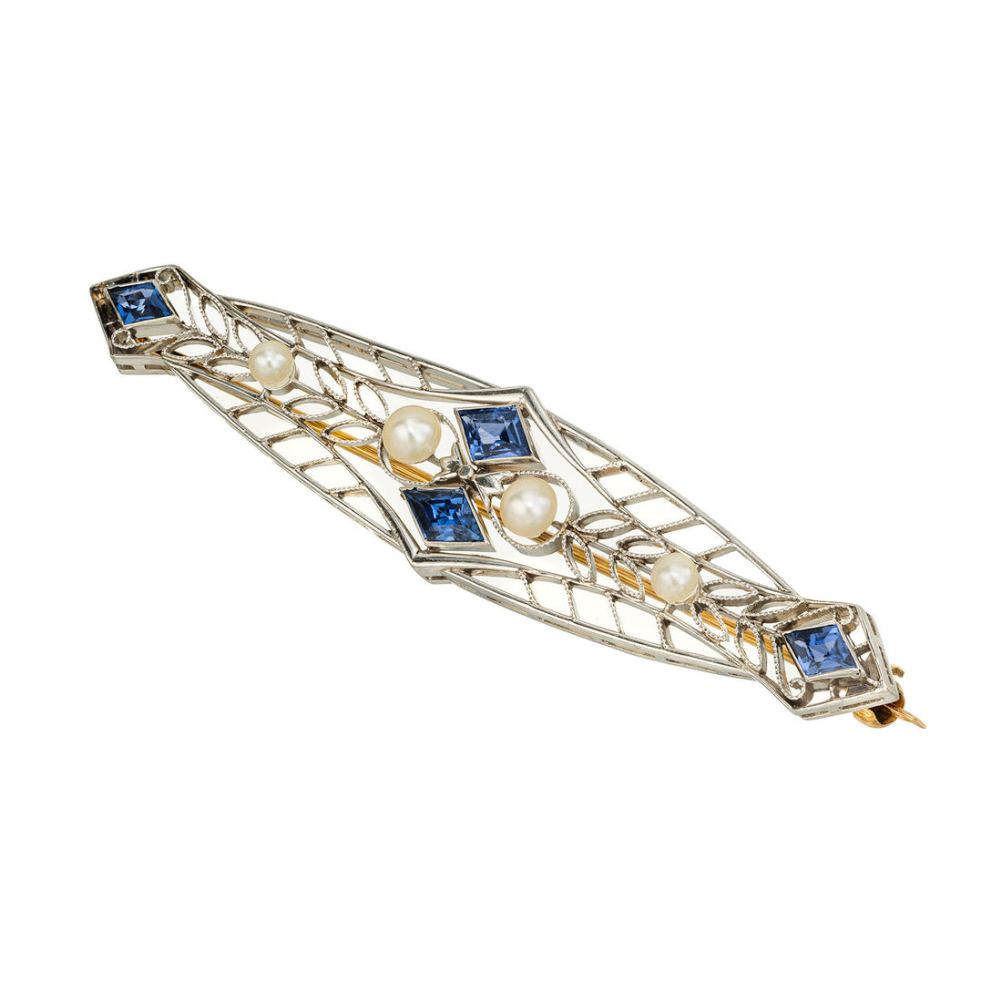 AGL Yogo Montana Deco Kite Shaped Sapphire Natural Pearl Gold Platinum Brooch – image 4