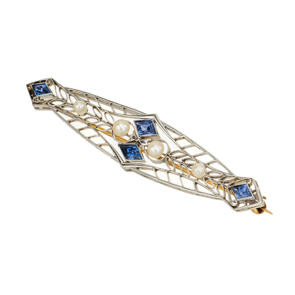 AGL Yogo Montana Deco Kite Shaped Sapphire Natural Pearl Gold Platinum Brooch – image 4